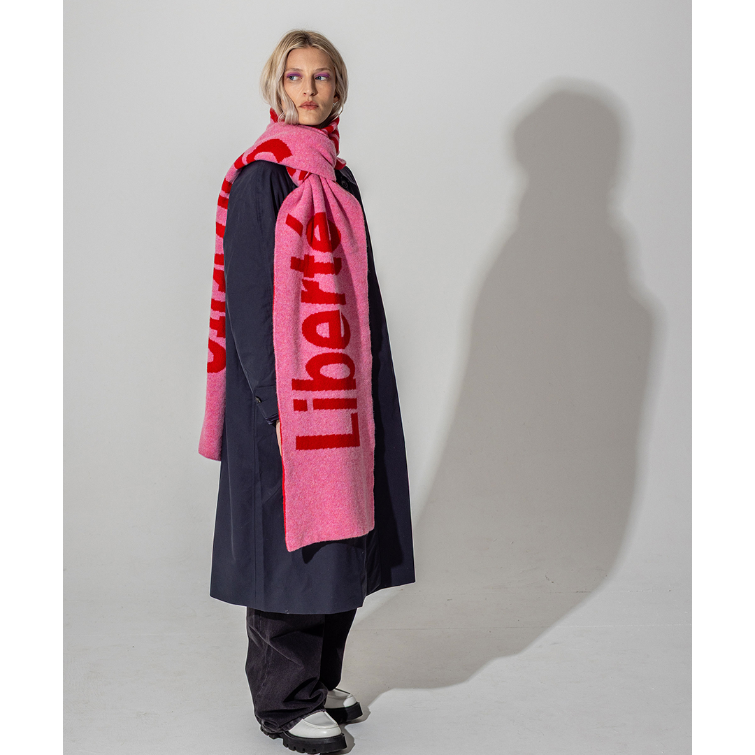 Liberté Egalité Sororité Lambswool Feminist Slogan Scarf in French Rose & Rouge