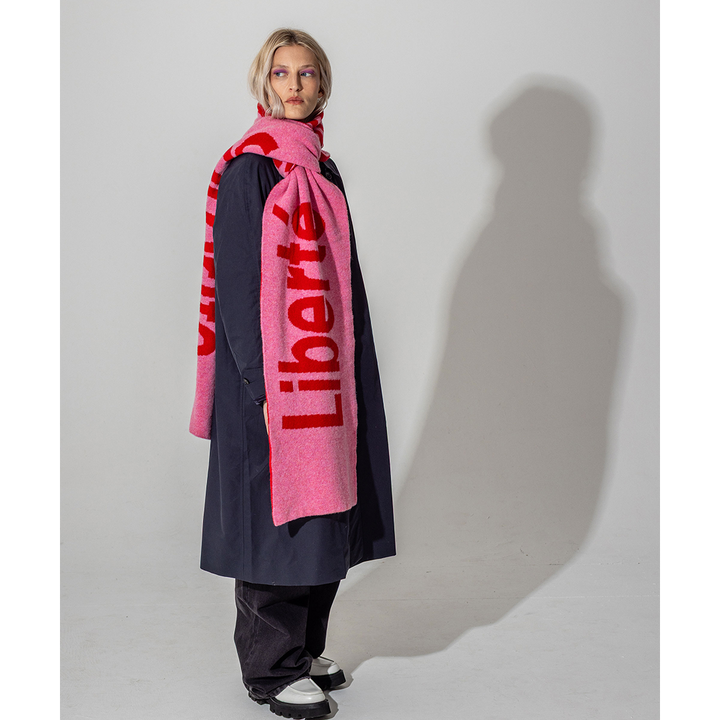 Liberté Egalité Sororité Lambswool Feminist Slogan Scarf in French Rose & Rouge