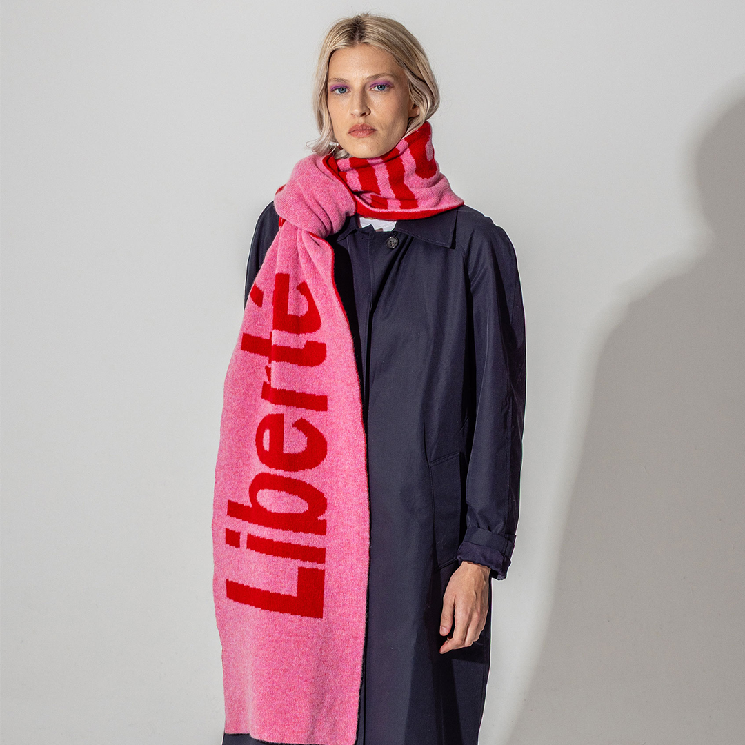 Liberté Egalité Sororité Lambswool Feminist Slogan Scarf in French Rose & Rouge
