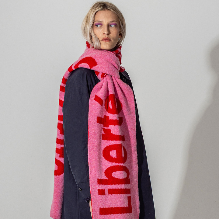 Liberté Egalité Sororité Lambswool Feminist Slogan Scarf in French Rose & Rouge