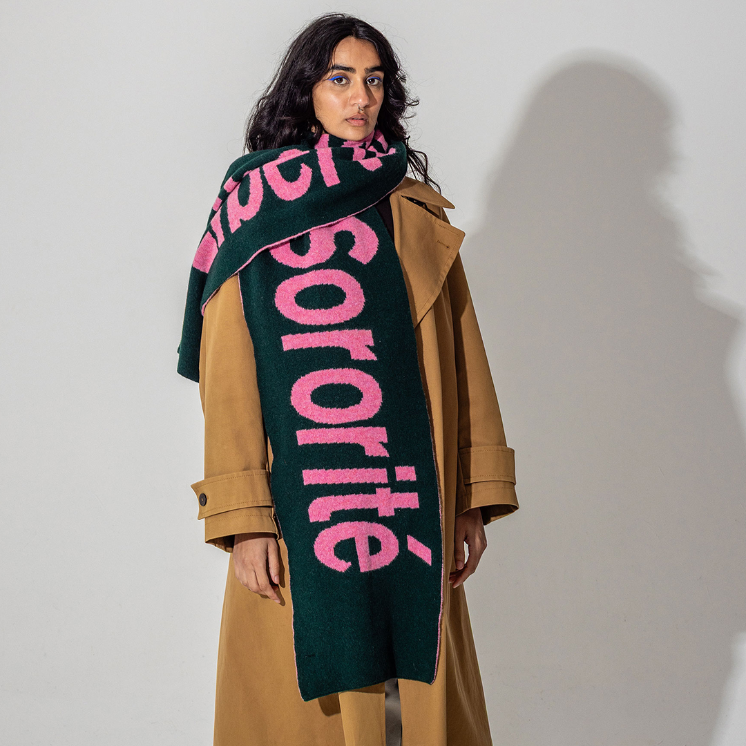 Liberté Egalité Sororité Lambswool Feminist Slogan Scarf Forest Green & French Rose