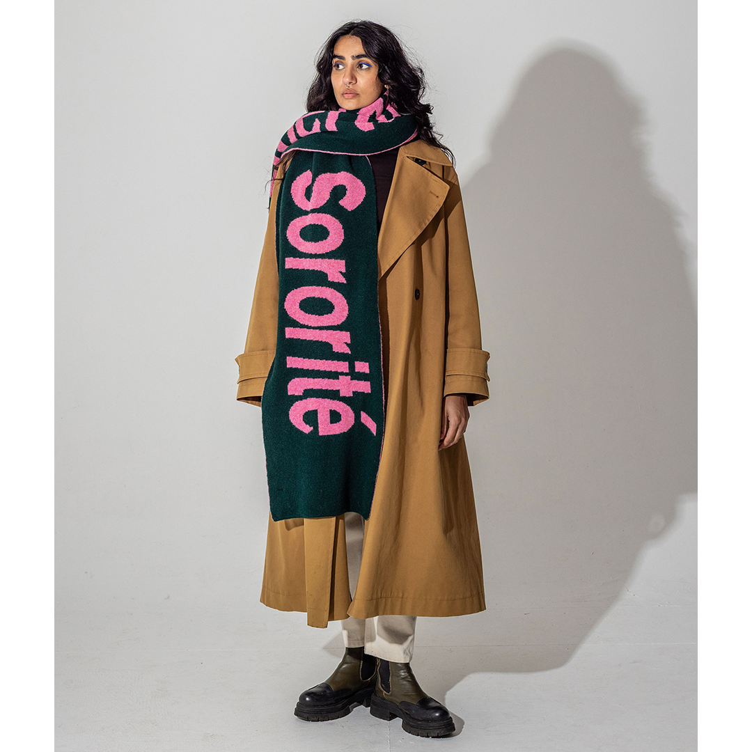 Liberté Egalité Sororité Lambswool Feminist Slogan Scarf Forest Green & French Rose