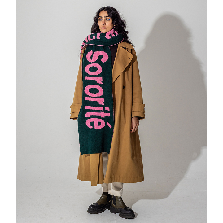 Liberté Egalité Sororité Lambswool Feminist Slogan Scarf Forest Green & French Rose