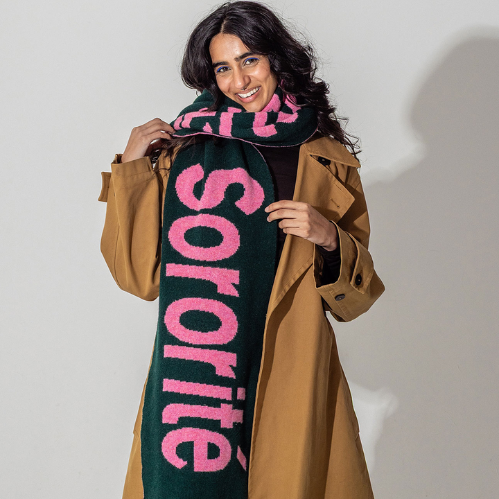 Liberté Egalité Sororité Lambswool Feminist Slogan Scarf Forest Green & French Rose