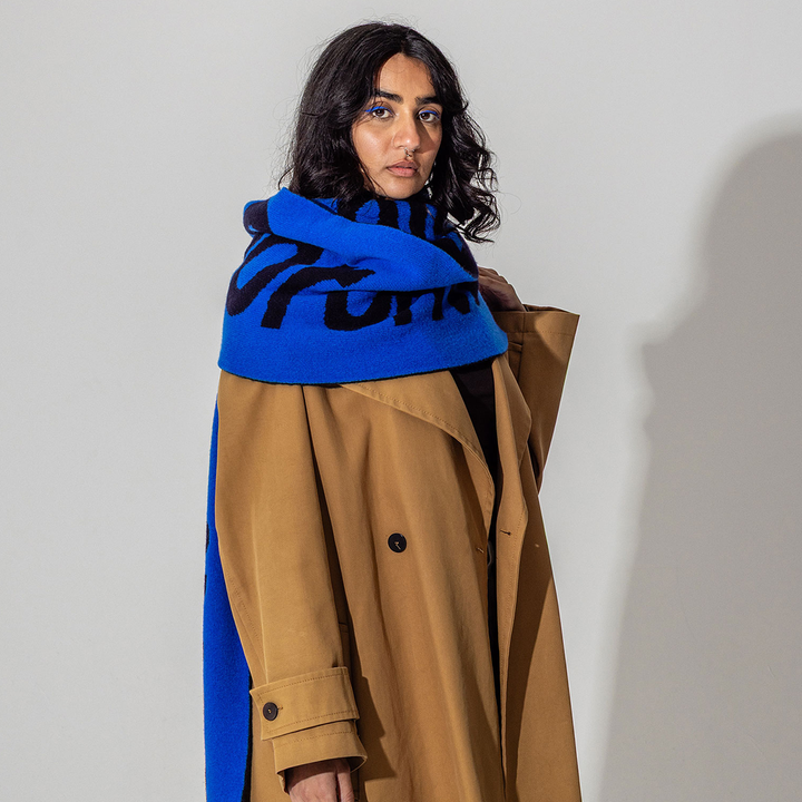Liberté, Egalité, Sororité® Lambswool Feminist Slogan Scarf in Klein & Navy