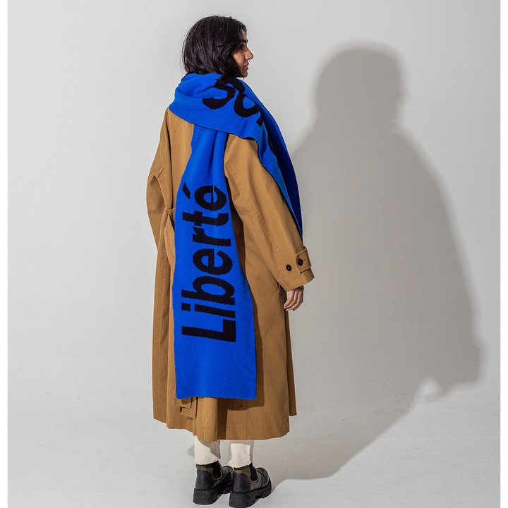 Liberté, Egalité, Sororité® Lambswool Feminist Slogan Scarf in Klein & Navy