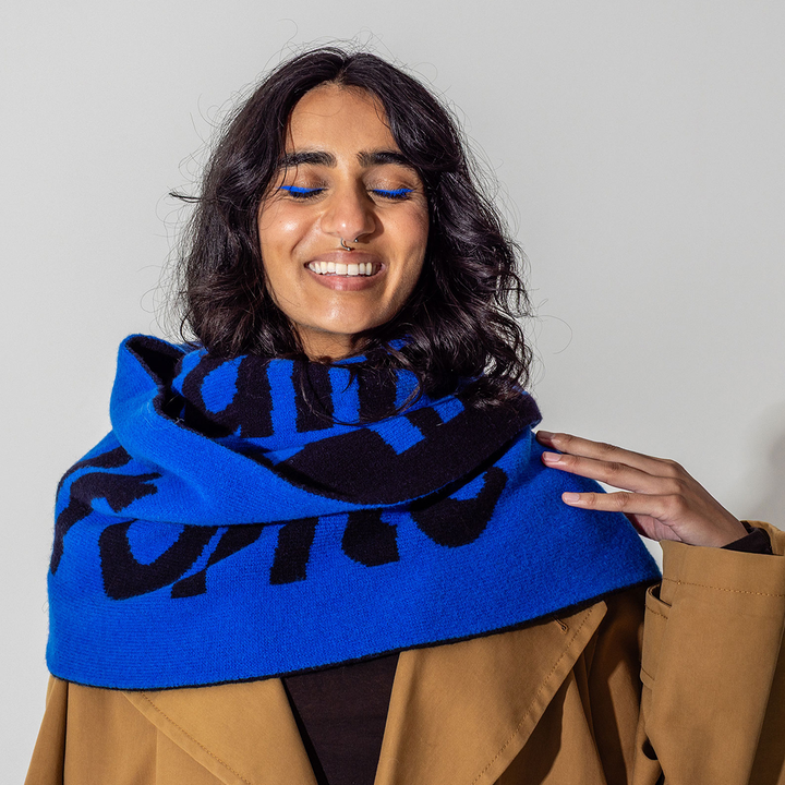 Liberté, Egalité, Sororité® Lambswool Feminist Slogan Scarf in Klein & Navy