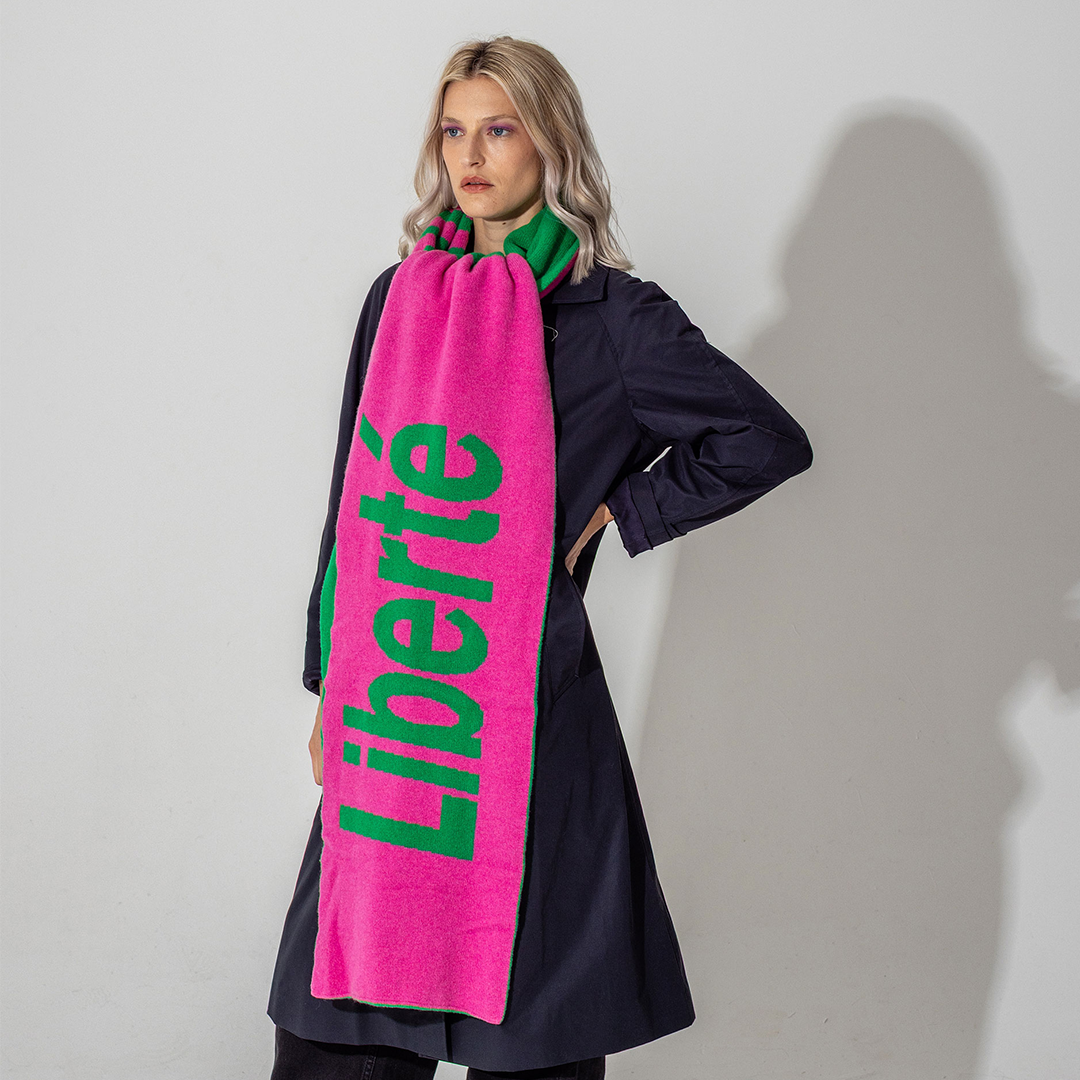 Liberté Egalité Sororité Lambswool Feminist Slogan Scarf in Bubblegum & Kelly Green