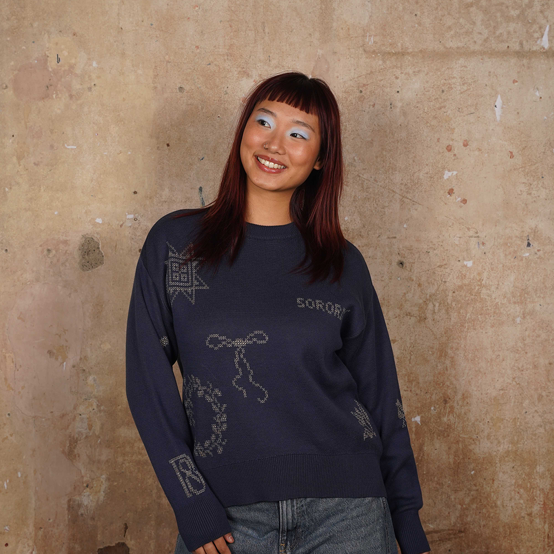 Cross Stitch Jumper in Midnight & Putty