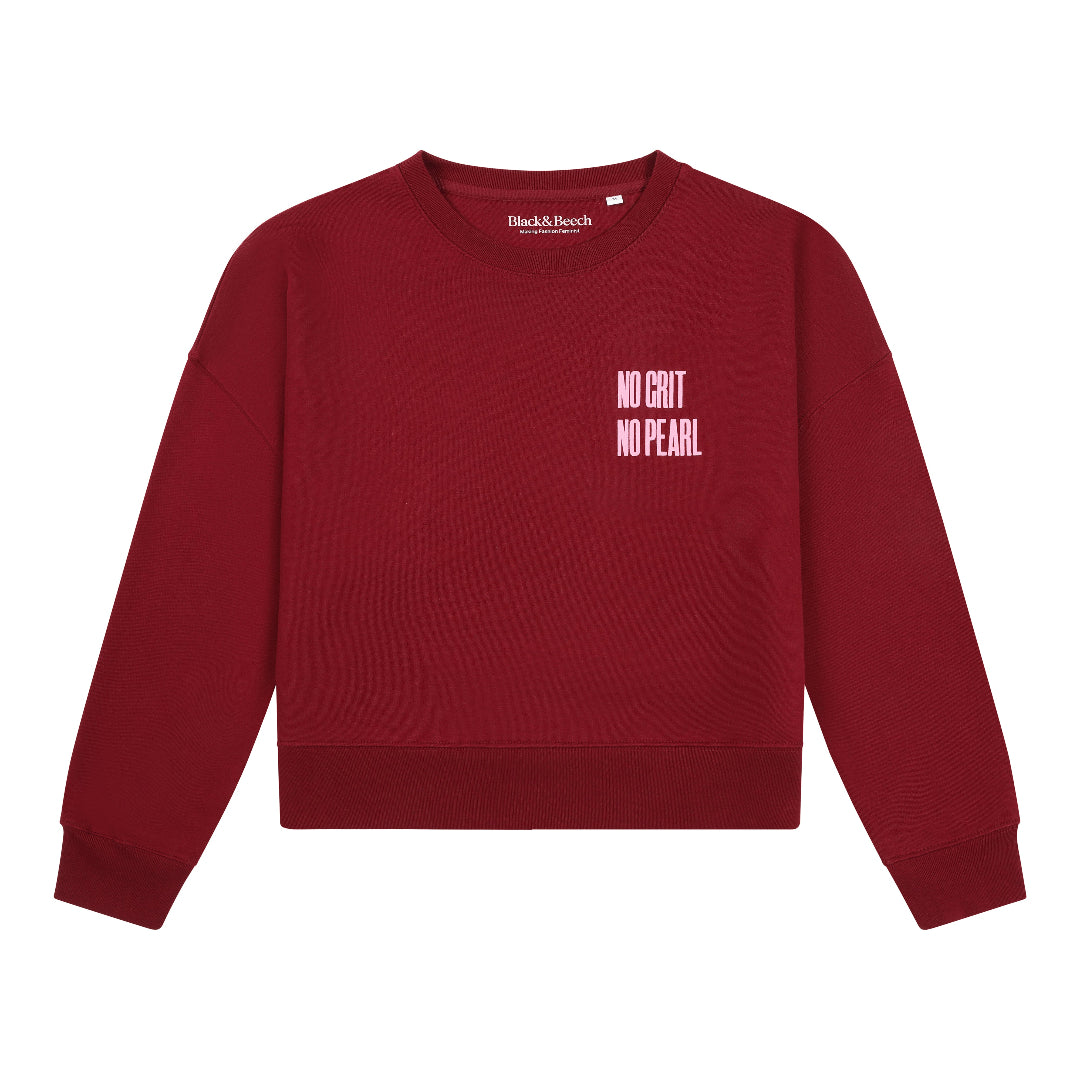 Red sweatshirt with pink text on a white background
