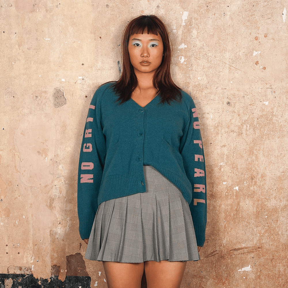 Pre-Order - No Grit No Pearl Cardigan in Teal & Calamine - Black & BeechXS