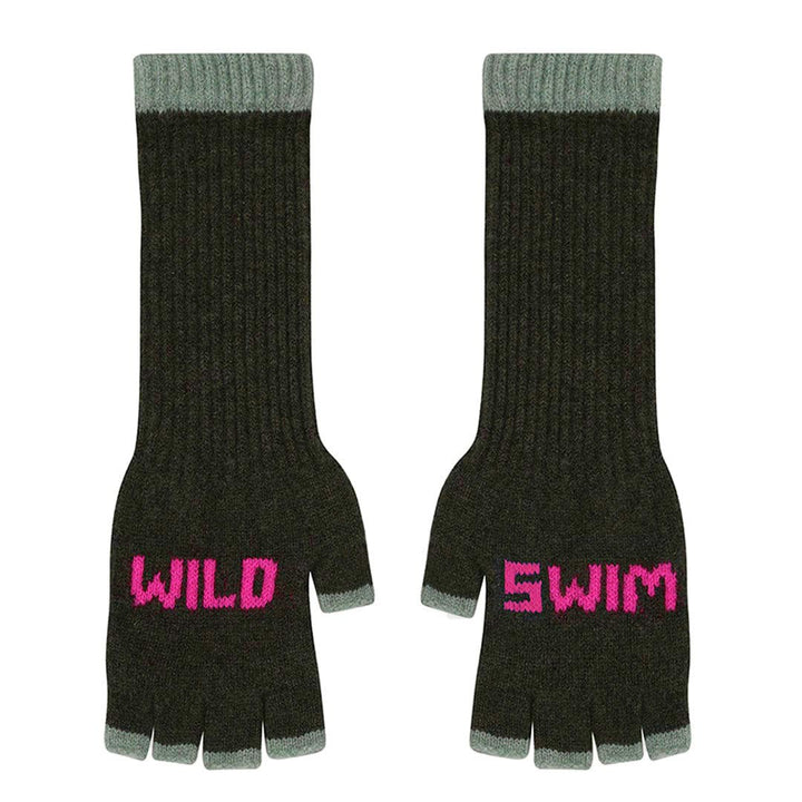 Wild Swim Fingerless Gloves in Seaweed with Neon Pink & Mojito