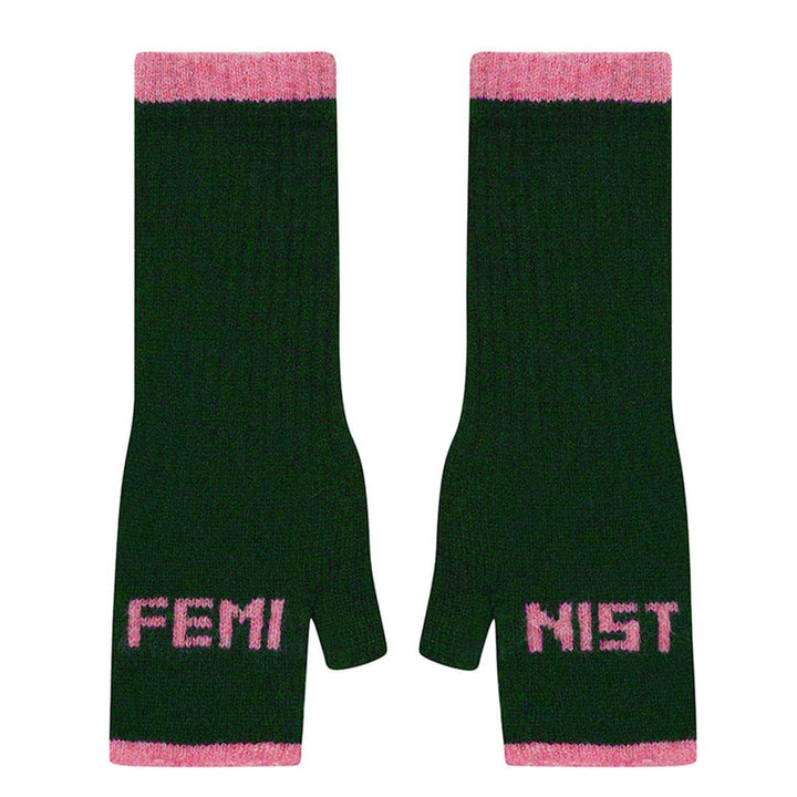 Feminist Fingerless Mittens in Forest Green & French Rose