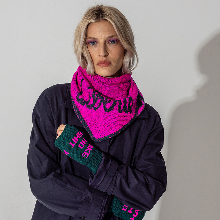 Liberté Lambswool Triangle Scarf in Fluro Pink & Evergreen