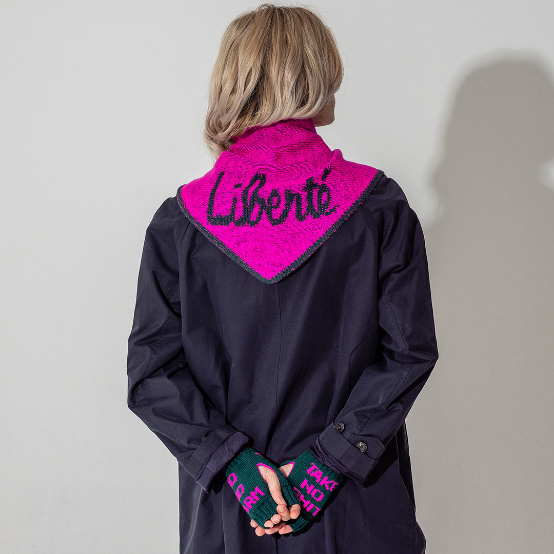 Liberté Lambswool Triangle Scarf in Fluro Pink & Evergreen