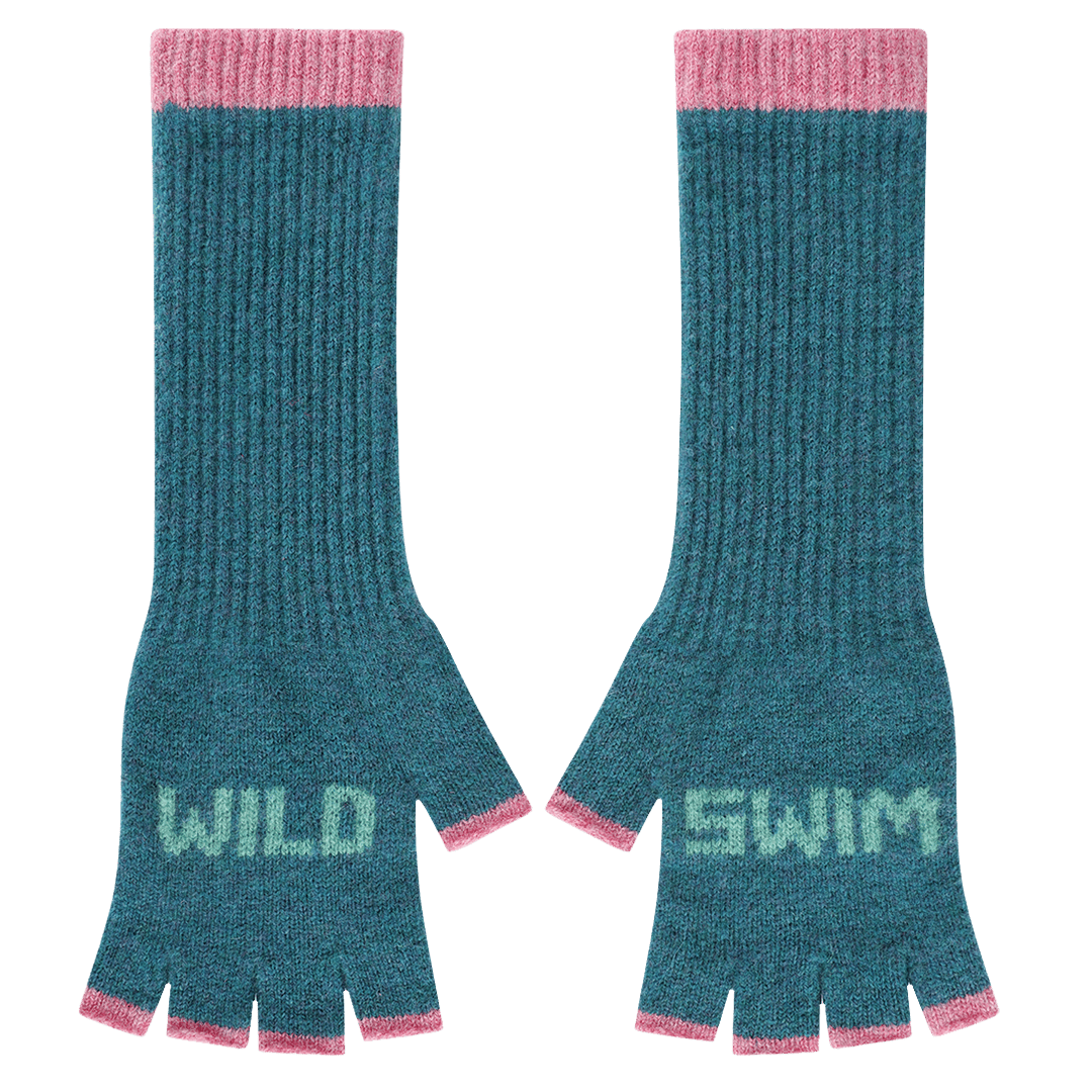 Wild Swim Fingerless Gloves in Teal & Peppermint - Black & Beech