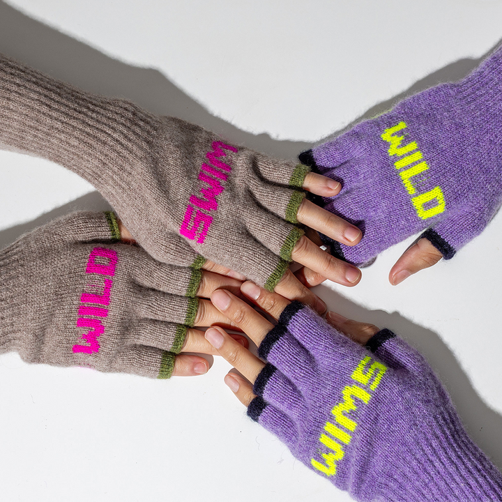 Wild Swim Fingerless Gloves in Parma Violet & Neon Yellow