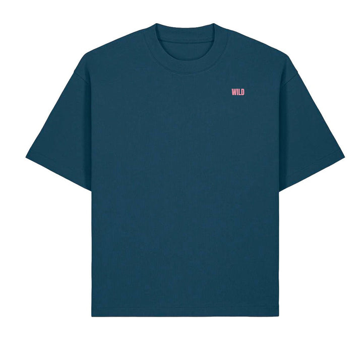 Wild Embroidered T-shirt - PREORDER - Black &amp; BeechTeal with Pink Thread