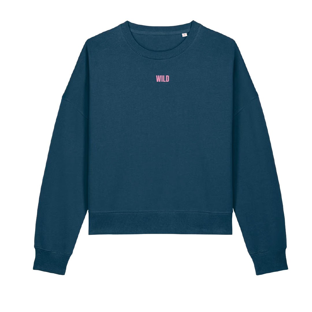 Wild Embroidered Sweatshirt - PREORDER - Black &amp; BeechTeal with Pink Thread
