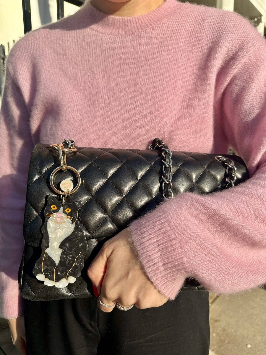 Hand-painted Tuxedo Cat Bag Charm + Keychain | Eco-Friendly - Black &amp; Beech