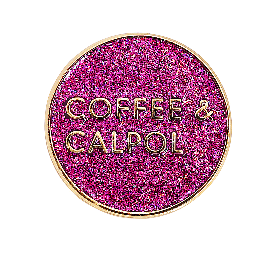 Coffee & Calpol Enamel Pin Purple Glitter Brooches & Lapel Pins Black & Beech