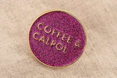 Coffee & Calpol Enamel Pin - Purple Glitter Brooches & Lapel Pins Black & Beech