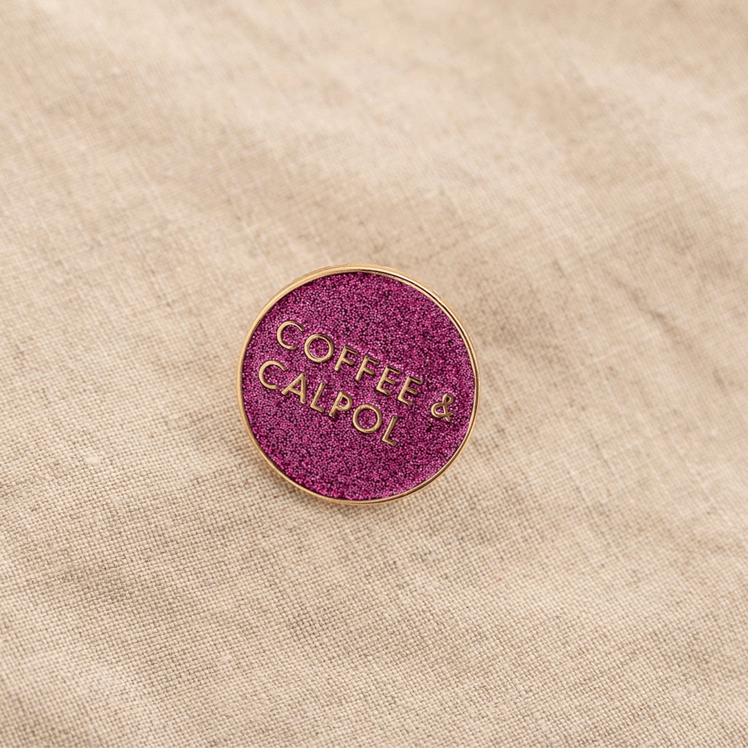 Coffee & Calpol Enamel Pin Purple Glitter Brooches & Lapel Pins Black & Beech