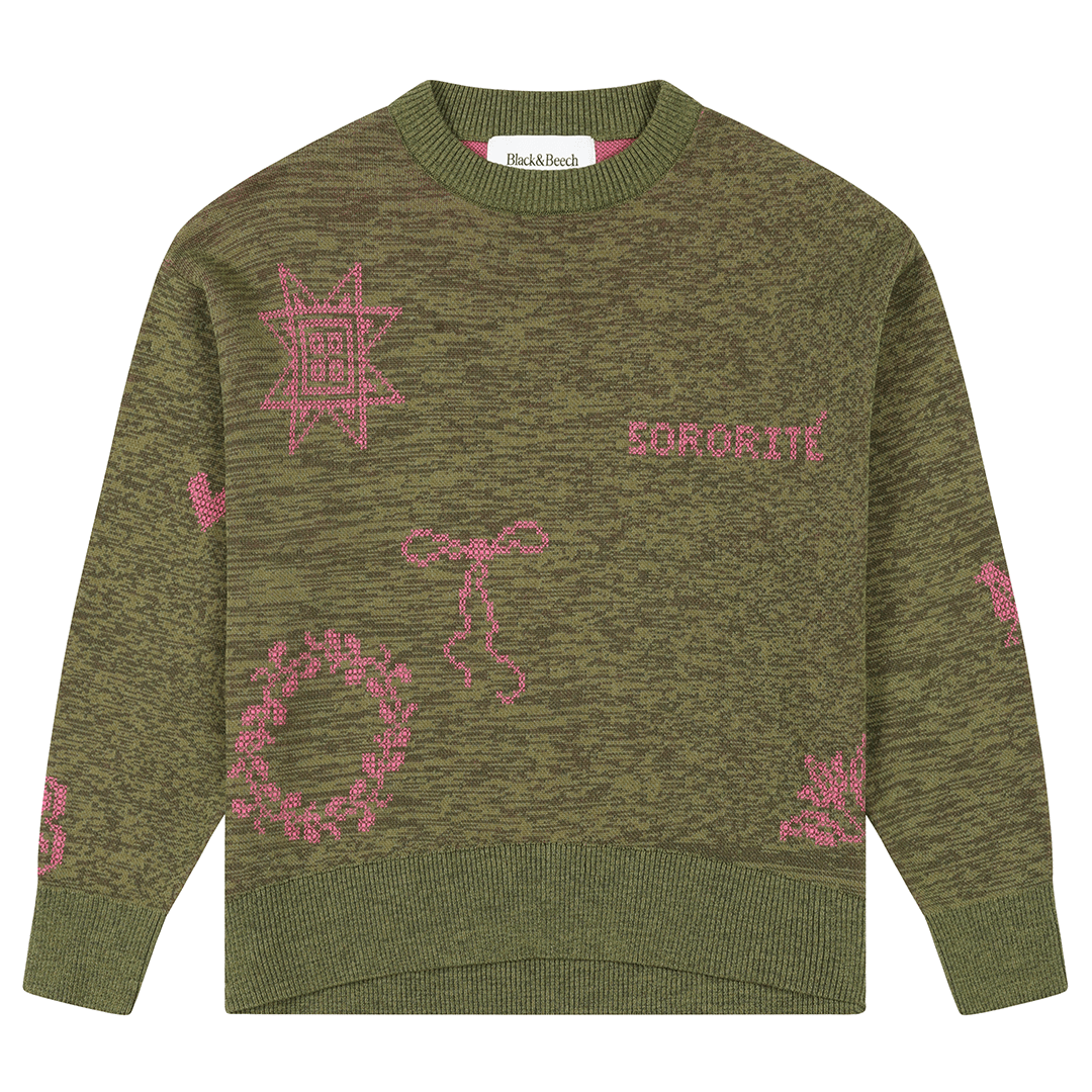 Cross Stitch Jumper in Olive Green Marl Jumper Black & Beech