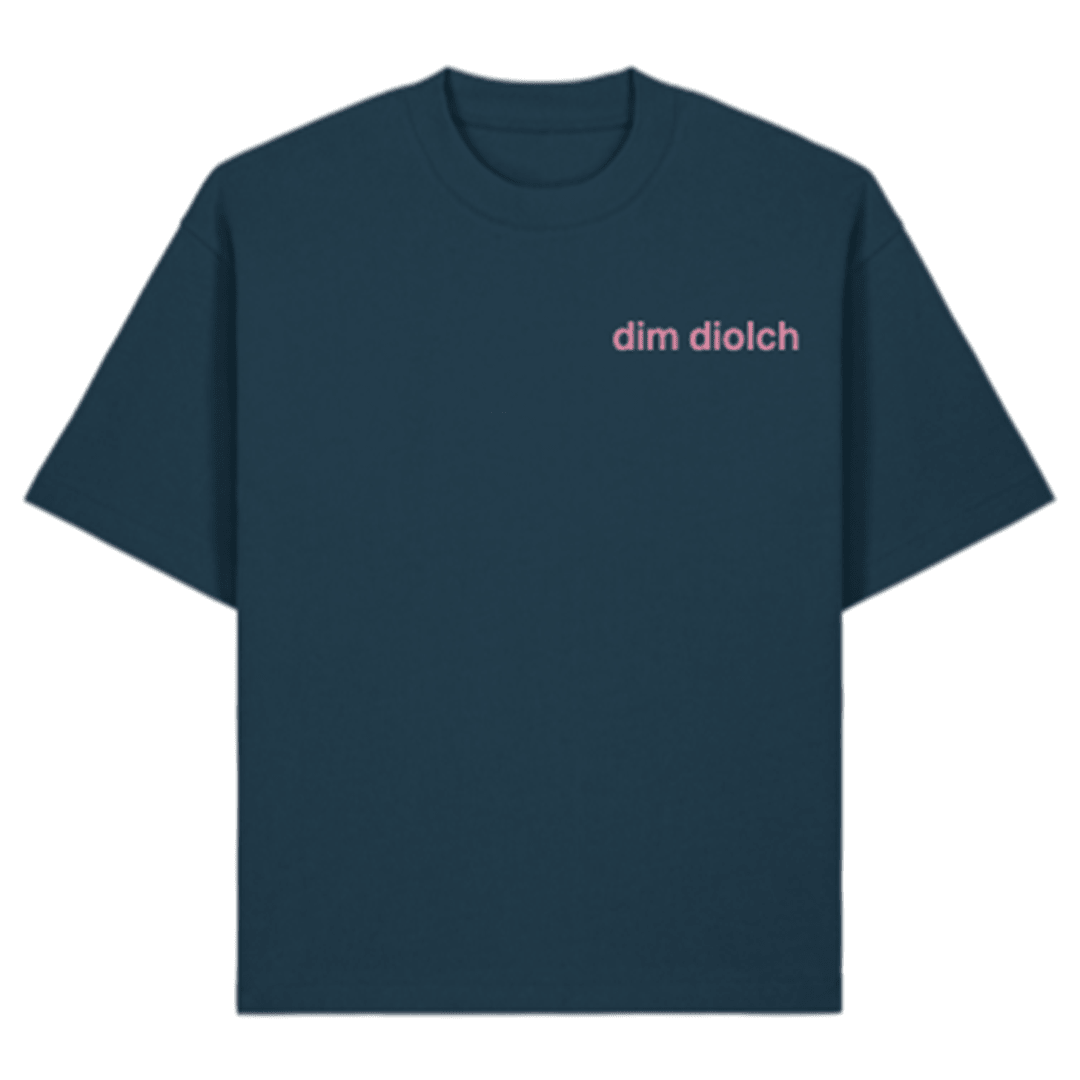 Dim Diolch Embroidered T-shirt - PREORDER - Black &amp; BeechTeal with Pink Thread