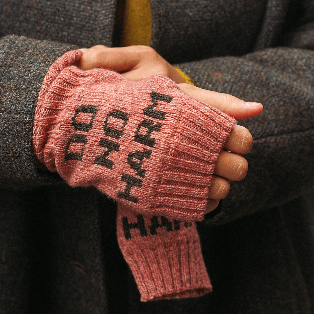 Do No Harm Take No Shit Wrist Warmers in Cloudberry &amp; Chaffinch - Black &amp; Beech