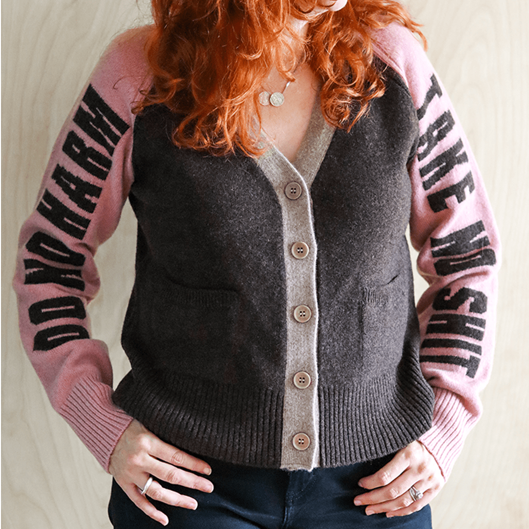 Do No Harm Take No Shit Lambswool Cardigan in Cocoa & Calamine Do No Harm Take No Shit Lambswool Cardigan in Cocoa & Calamine