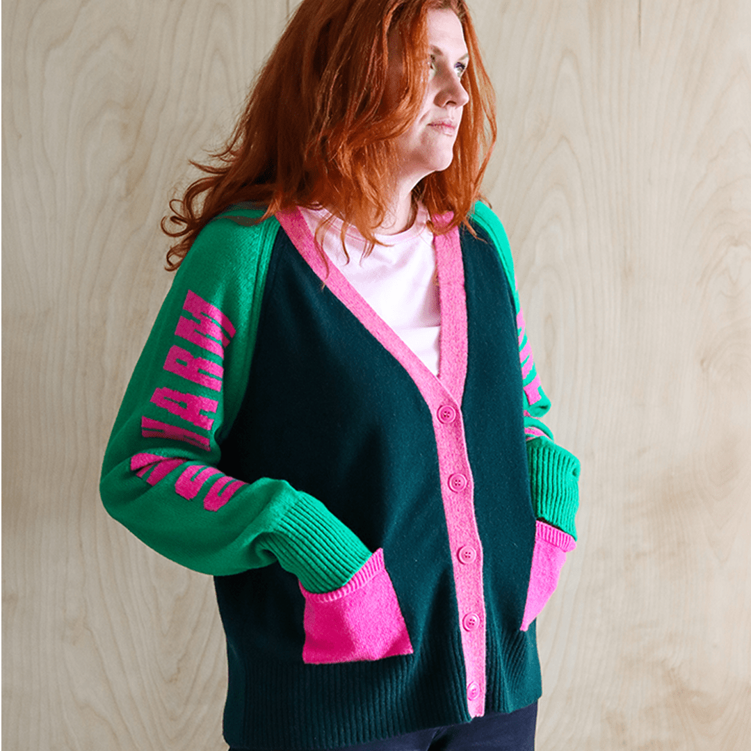 Do No Harm Take No Shit Lambswool Cardigan in Kelly Green & Bubblegum Cardigan Black & Beech