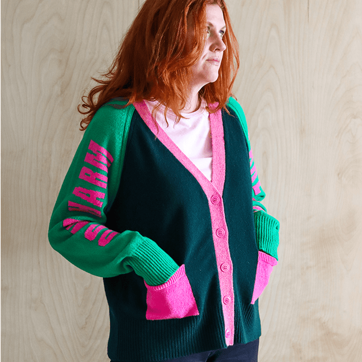 Do No Harm Take No Shit Lambswool Cardigan in Kelly Green & Bubblegum Cardigan Black & Beech