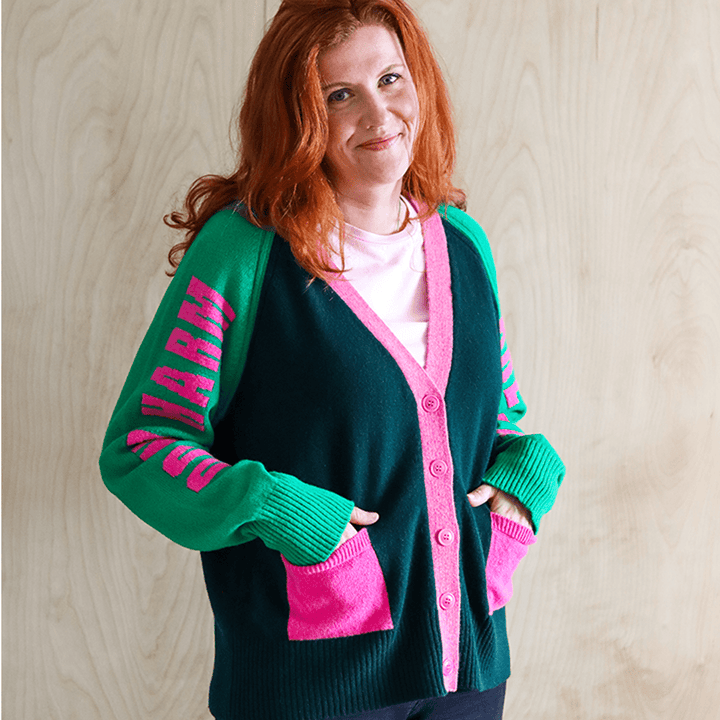 Do No Harm Take No Shit Lambswool Cardigan in Kelly Green & Bubblegum Cardigan Black & Beech