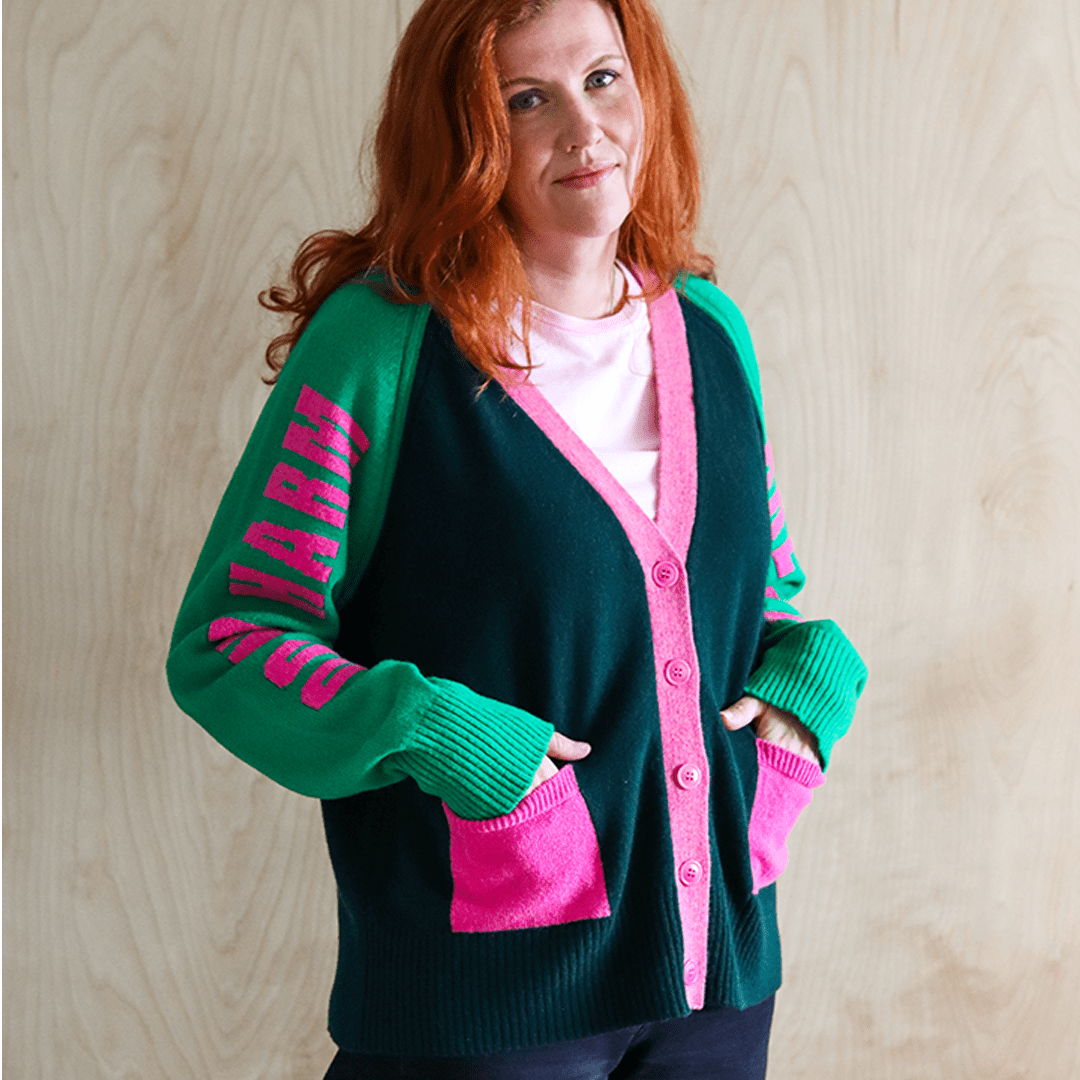 Do No Harm Take No Shit Lambswool Cardigan in Kelly Green & Bubblegum Cardigan Black & Beech