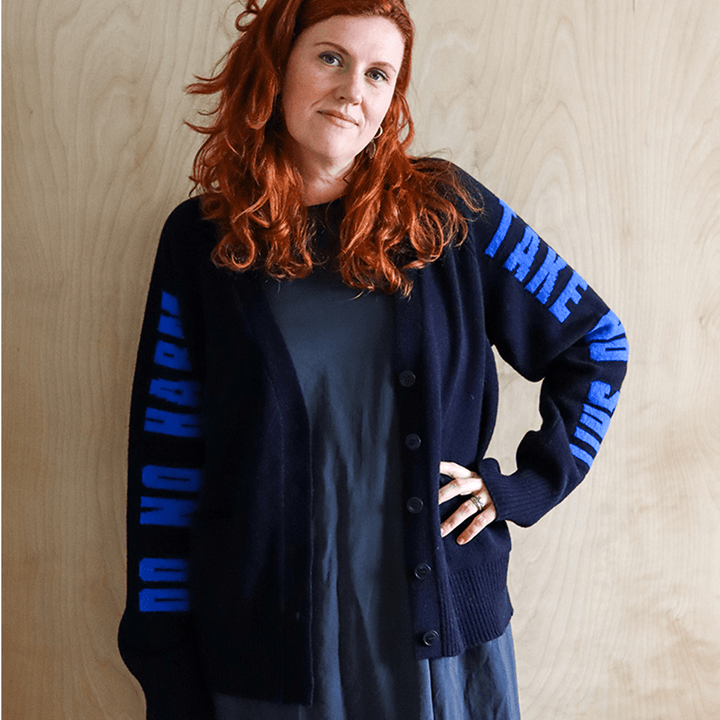 Do No Harm Take No Shit Lambswool Cardigan in Navy & Klein Cardigan Black & Beech