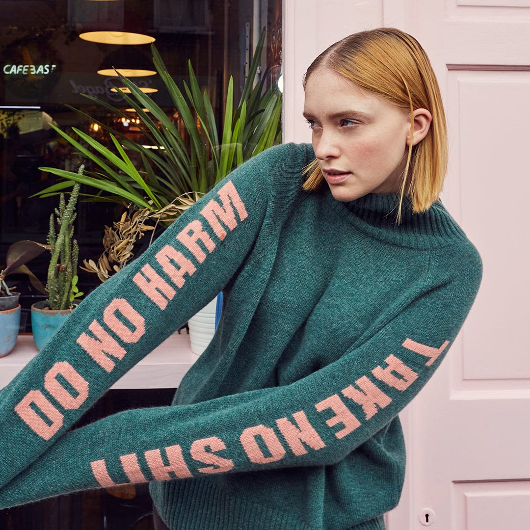 Do No Harm Take No Shit Merino Funnel Jumper in Moss Jumpers Black & Beech