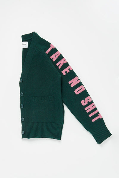 Do No Harm Take No Shit Merino Lambswool Cardigan in Forest Green & French Rose Cardigans Black & Beech