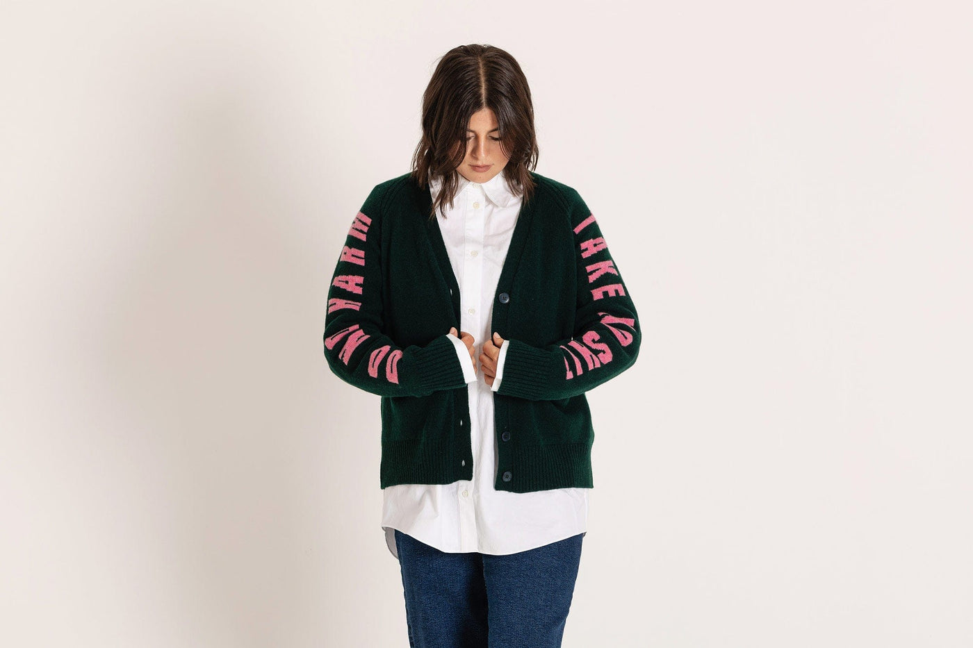 Do No Harm Take No Shit Merino Lambswool Cardigan in Forest Green & French Rose Cardigans Black & Beech