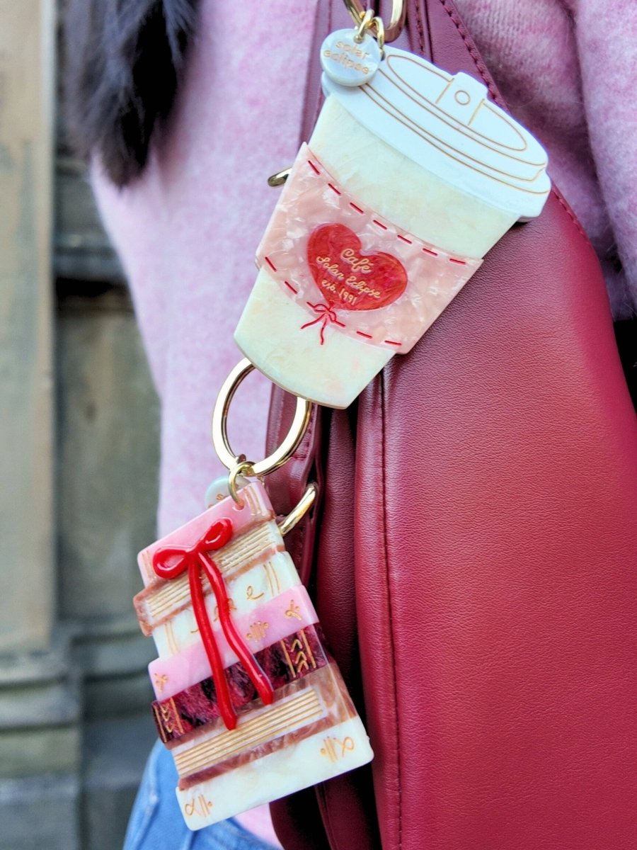 PRE ORDER Hand - painted Bow Bookstack Bag Charm + Keychain - Black & Beech