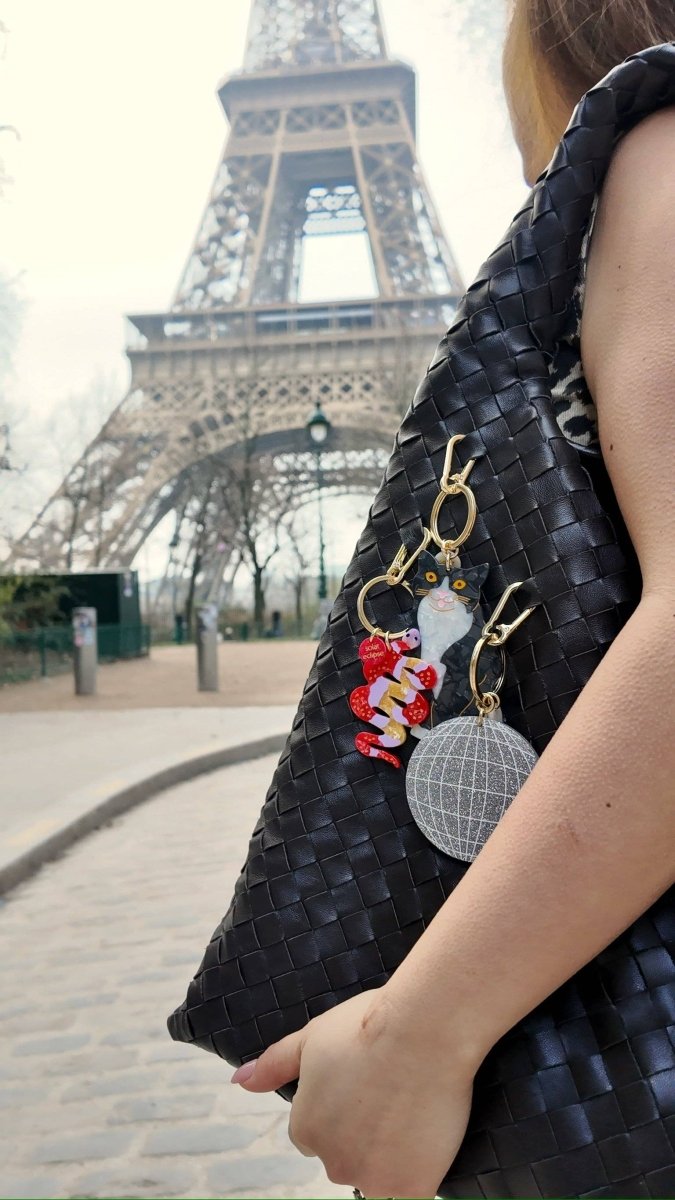 Hand-painted Tuxedo Cat Bag Charm + Keychain | Eco-Friendly - Black &amp; Beech