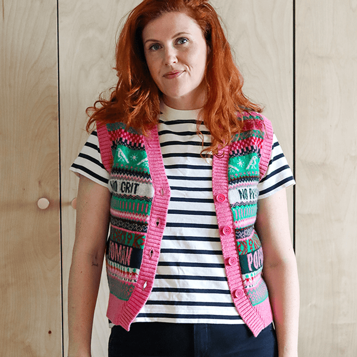 Fairisle Lambswool Waistcoat in Bubblegum Waistcoat Black & Beech