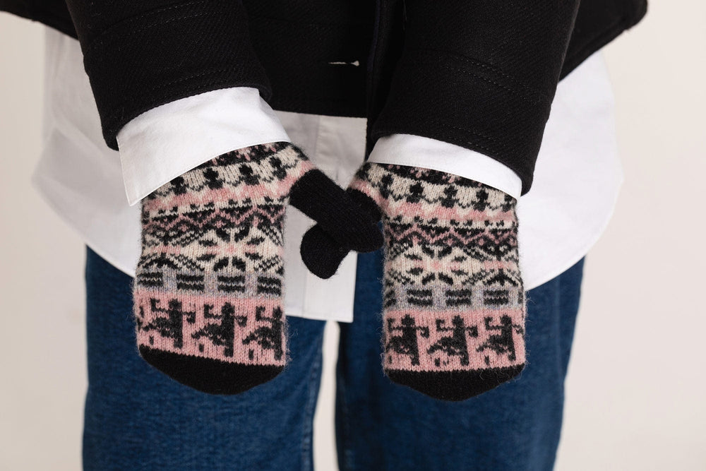 Fairisle Mittens on Strings in Calamine Opal & Charcoal Clothing Accessories Black & Beech