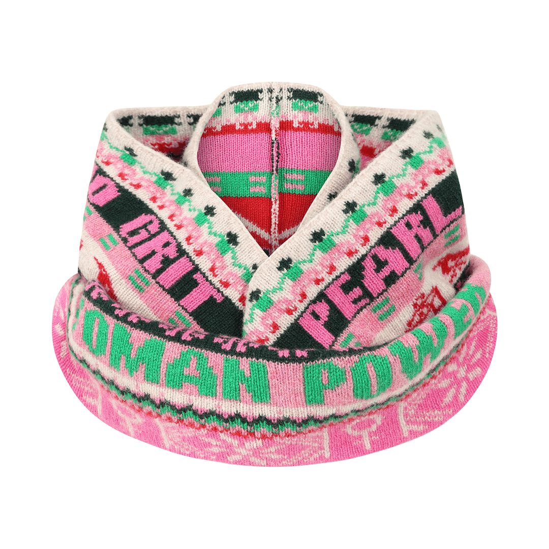 Feminist Fairisle Loop Scarf in Bubblegum scarf Black & Beech