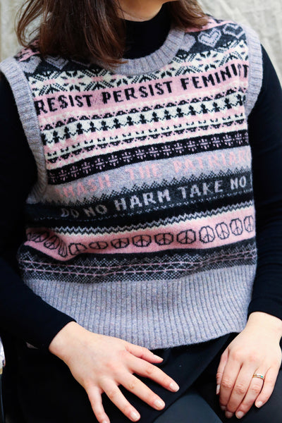 Feminist Fairisle Merino Tank Top in  Calamine Opal & Charcoal Cardigans Black & Beech