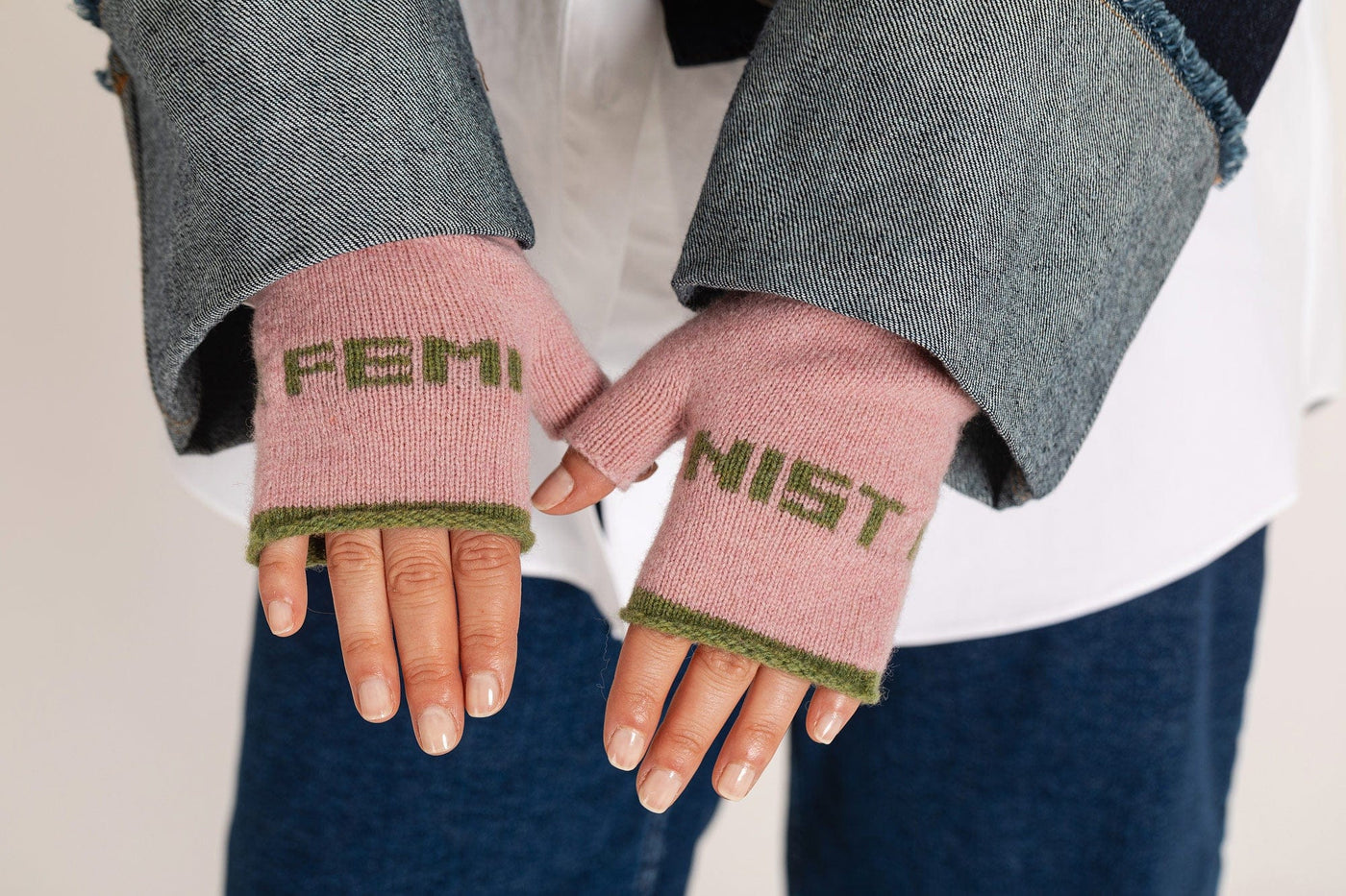 Feminist Fingerless Mittens in Calamine & Pistachio Gloves & Mittens Black & Beech