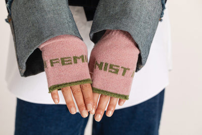 Feminist Fingerless Mittens in Calamine & Pistachio Gloves & Mittens Black & Beech