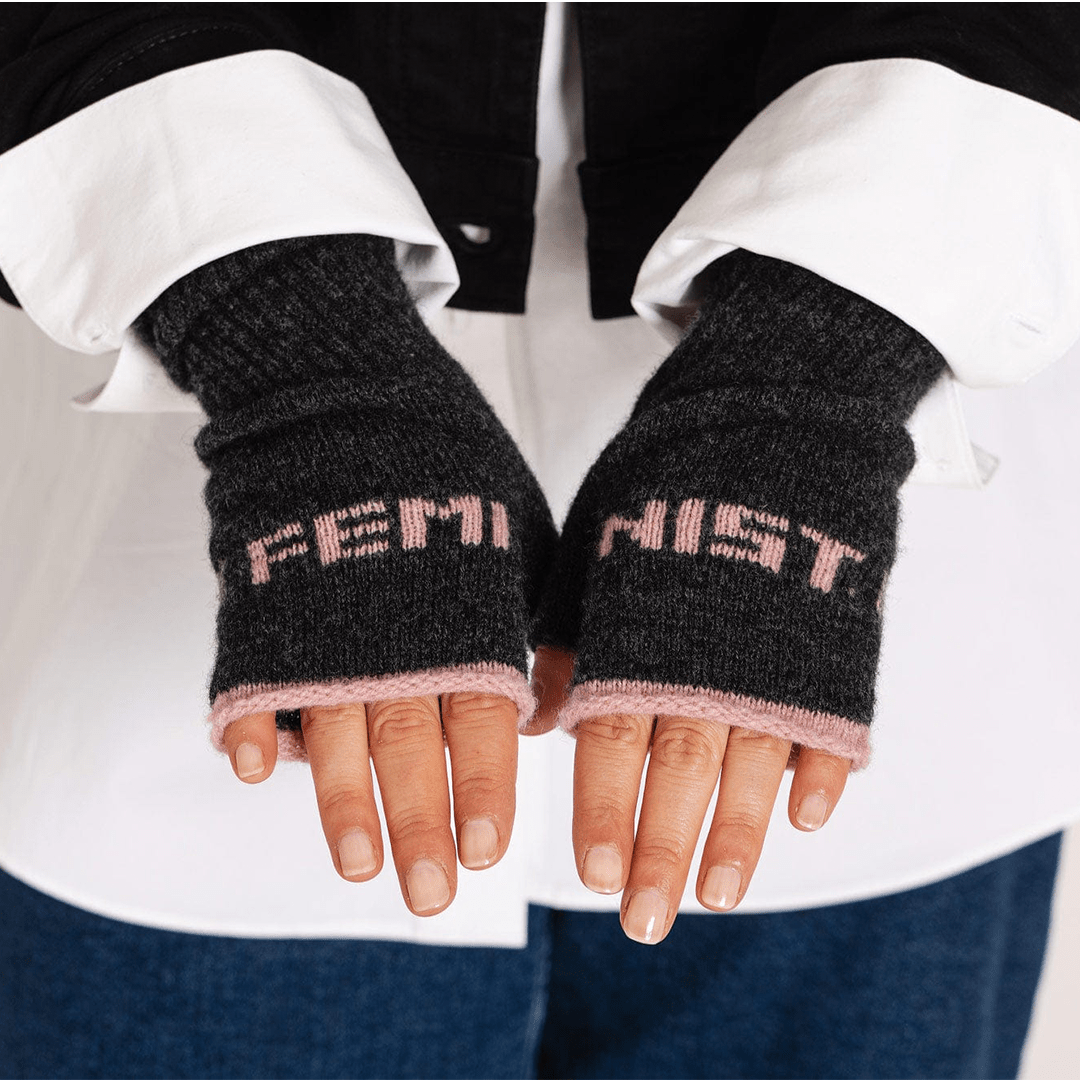 Feminist Fingerless Mittens in Charcoal & Calamine Gloves & Mittens Black & Beech