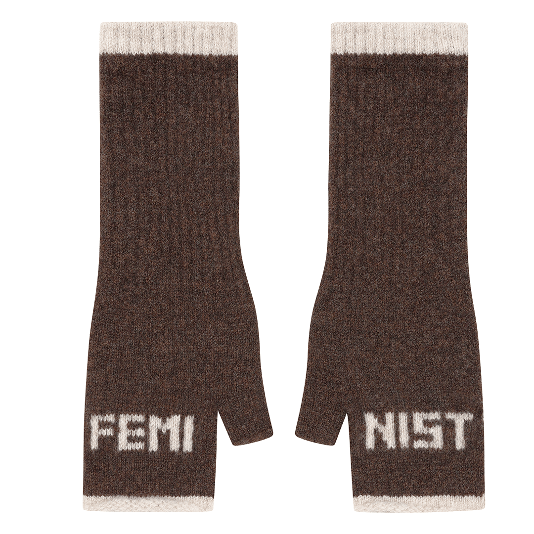 Feminist Fingerless Mittens in Cocoa & Linen Gloves & Mittens Black & Beech