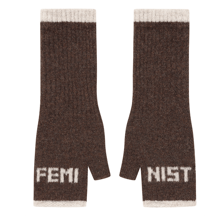 Feminist Fingerless Mittens in Cocoa & Linen Gloves & Mittens Black & Beech
